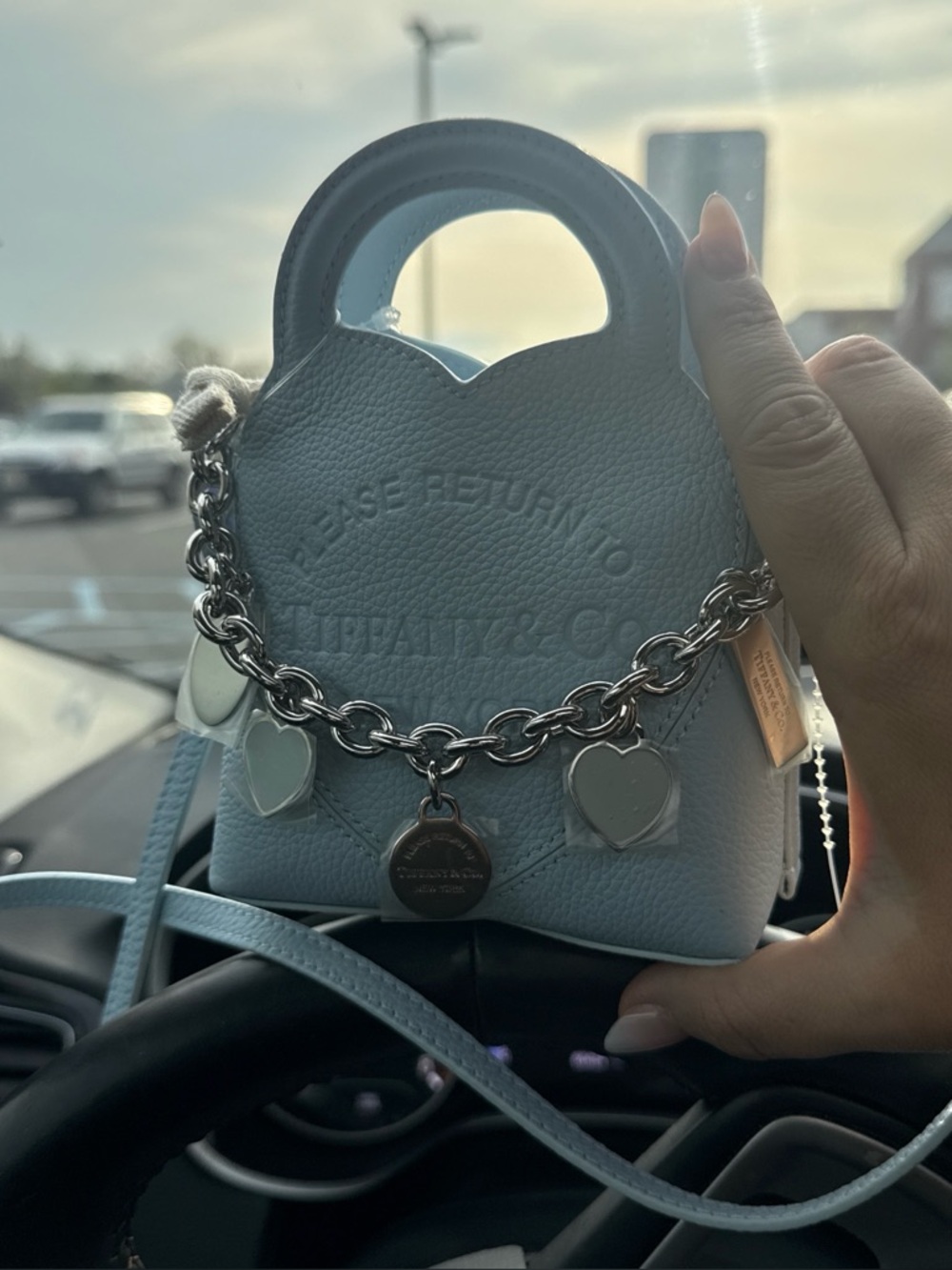 Tiffany & Co. Light Blue Pebbled Mini Tote with Heart Charm Chain - Picture 2 of 3